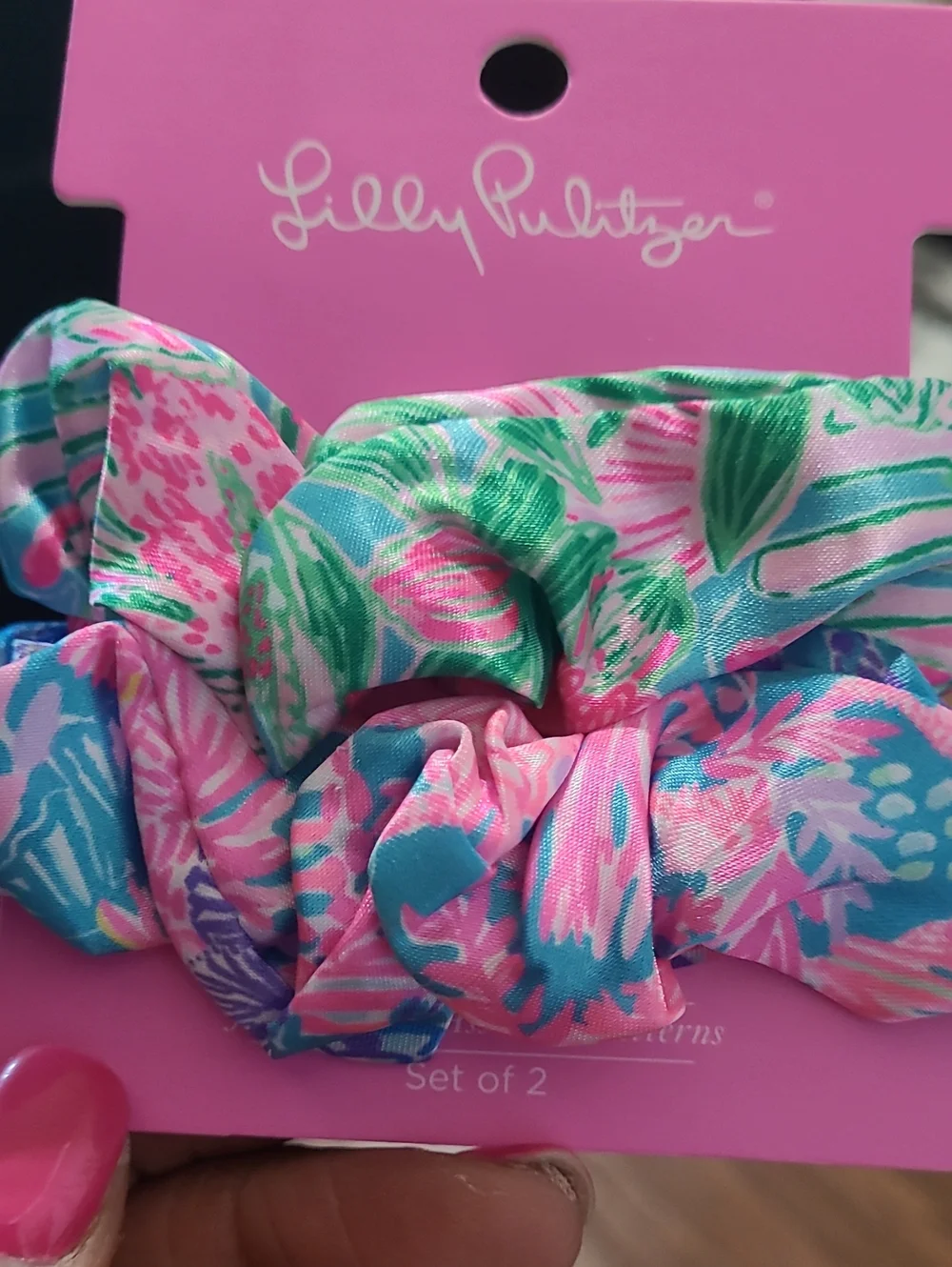 Lilly Pulitzer Pink, Blue & Green Floral Satin Scrunchie Duo